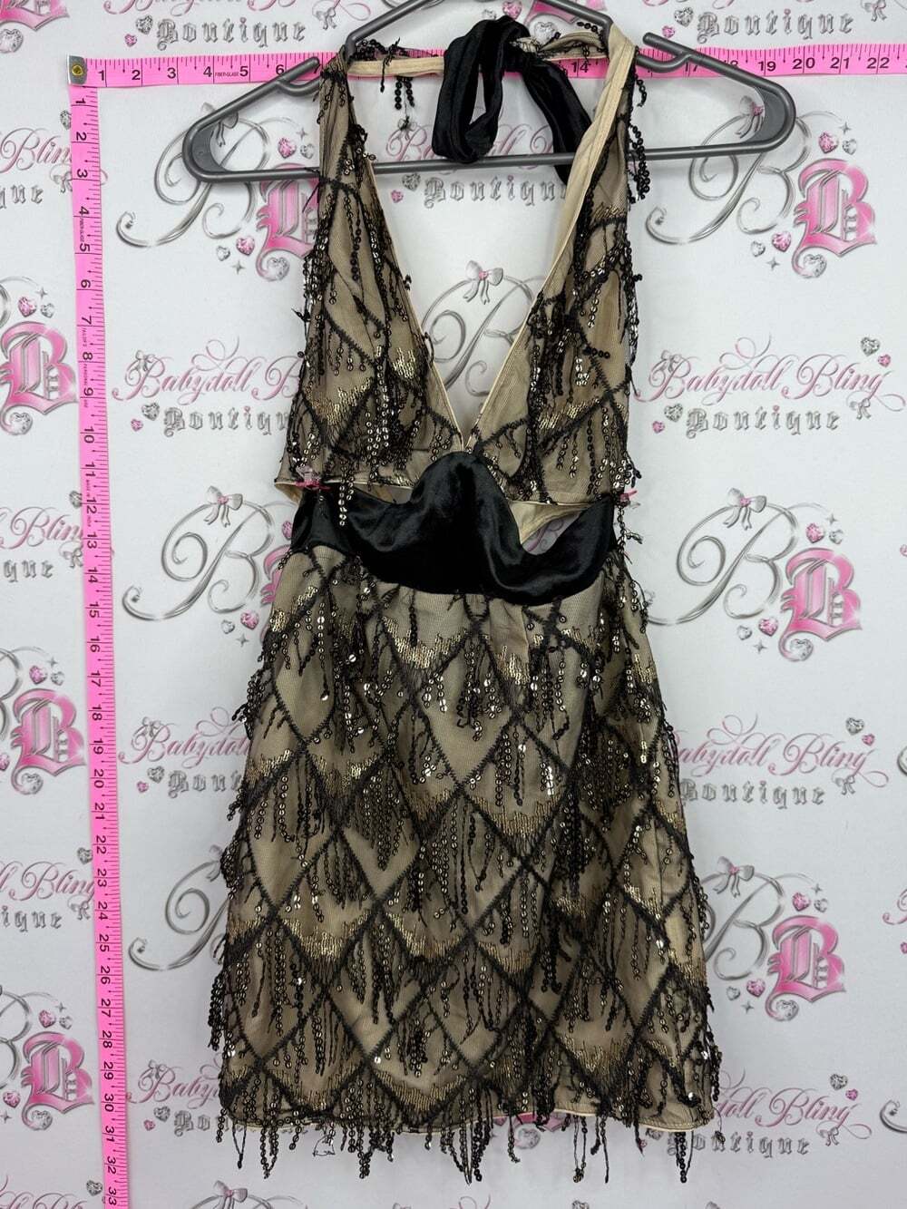 SHEIN dress sequins flapper Black Beaded Halter Mini Dress with Beige Base